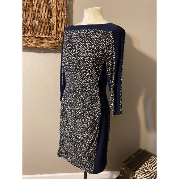 Ralph Lauren Dress Navy Blue Brown 2 XS Washable Stretch Sheath Career Church - Picture 3 of 9